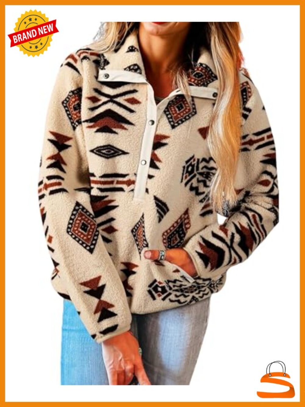 Western Aztec Half Button Pullover Fleece Sweatshirt Kangaroo Pocket